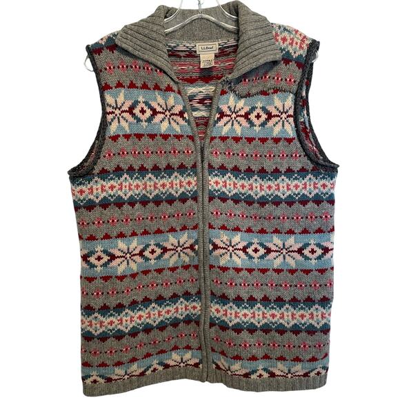 L.L. Bean Fair Isle Vest Womens Large Gray Multicolor Lambs Wool Full Zip Nordic - Picture 1 of 6